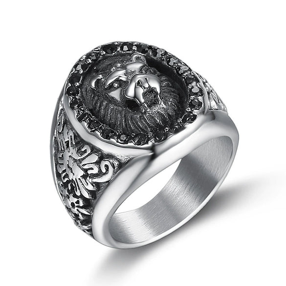 Vintage Polished Titanium Steel Lion Animal Ring Personality Style Unisex Zodiac Statement Ring