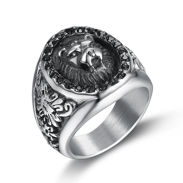 Vintage Polished Titanium Steel Lion Animal Ring Personality Style Unisex Zodiac Statement Ring