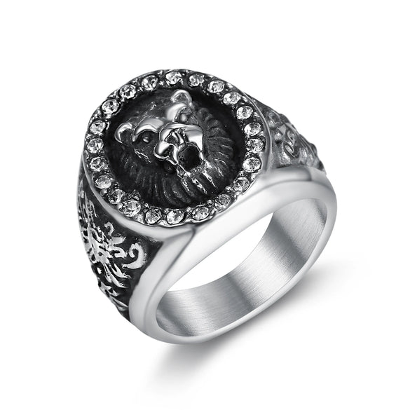 Vintage Polished Titanium Steel Lion Animal Ring Personality Style Unisex Zodiac Statement Ring