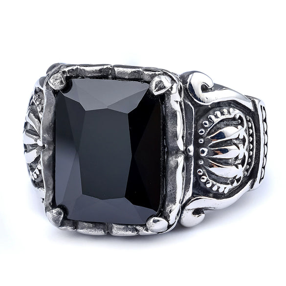 Vintage Punk Style Crown Zircon Men's Stainless Steel Ring With Oil Applied Treatment