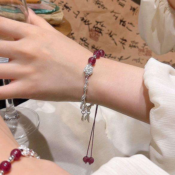 Vintage Red Beaded Alloy Flower Pattern Electroplated Women's Bracelet