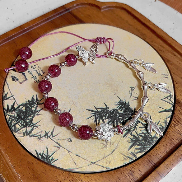 Vintage Red Beaded Alloy Flower Pattern Electroplated Women's Bracelet