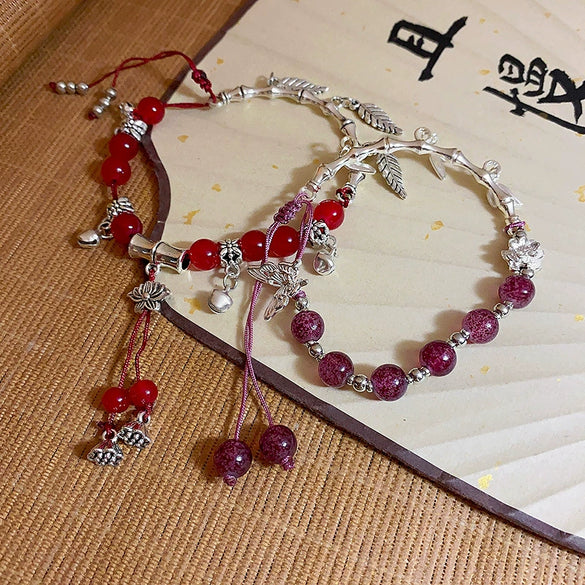 Vintage Red Beaded Alloy Flower Pattern Electroplated Women's Bracelet