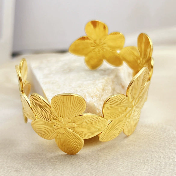 Vintage Retro Geometric Stainless Steel Electroplated Gold Flower Opening Women's Bracelet Jewelry