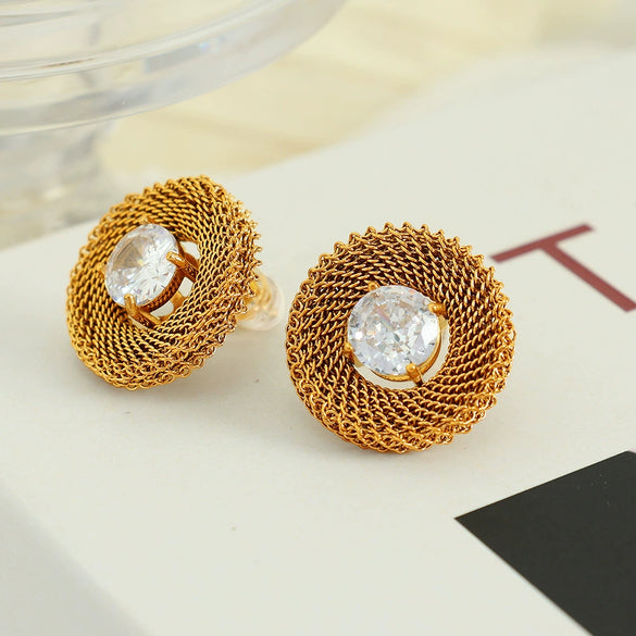 Vintage Retro Style 316L Stainless Steel Oval Inlaid Electroplated Earrings For Women