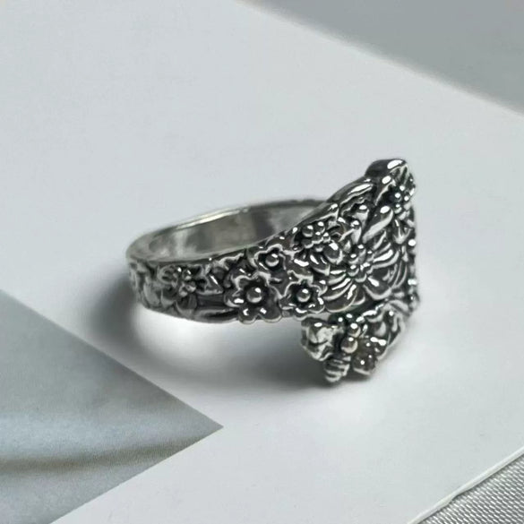 Vintage Rose Gold Bee And Flower Open Ring With Distressed Alloy Finish Adjustable Geometric Nature Inspired Jewelry