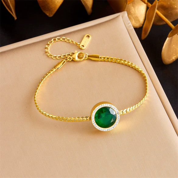 Vintage Round Diamondencrusted Emerald Pendant Stainless Steel Women's Jewelry Set With Electroplating Design Earrings Bracelet Necklace