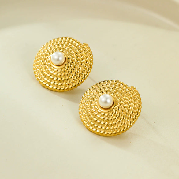 Vintage Round Texture Pearl Stainless Steel Electroplated Earrings For Women