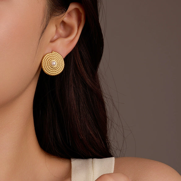 Vintage Round Texture Pearl Stainless Steel Electroplated Earrings For Women