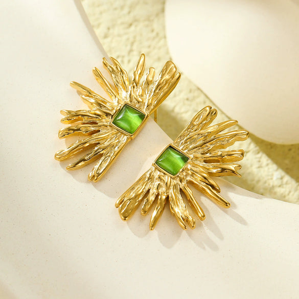 Vintage Semicircular Sunflower Lineshaped Green Cat's Eye Stone Stainless Steel Electroplated Women's Earrings