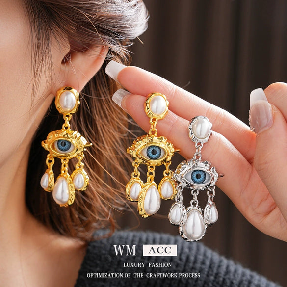 Vintage Silver Needle Fake Pearl Geometric Earrings With Electroplating And Tassel For Women