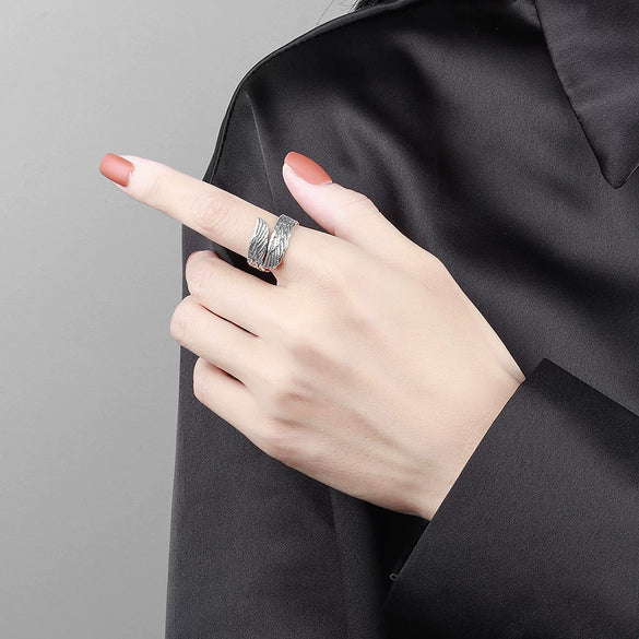 Vintage Silver Open Ring With Angel Wings Geometric Design Electroplated Adjustable Unisex Jewelry