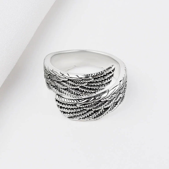Vintage Silver Open Ring With Angel Wings Geometric Design Electroplated Adjustable Unisex Jewelry