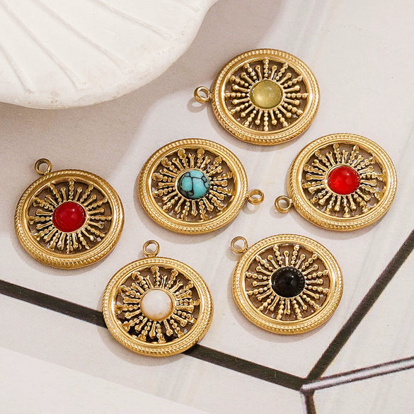 Vintage Simple Stainless Steel Turquoise Inlay Hollow Round Pendant Necklace Earrings