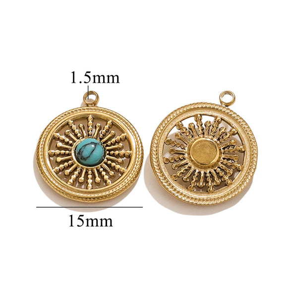 Vintage Simple Stainless Steel Turquoise Inlay Hollow Round Pendant Necklace Earrings