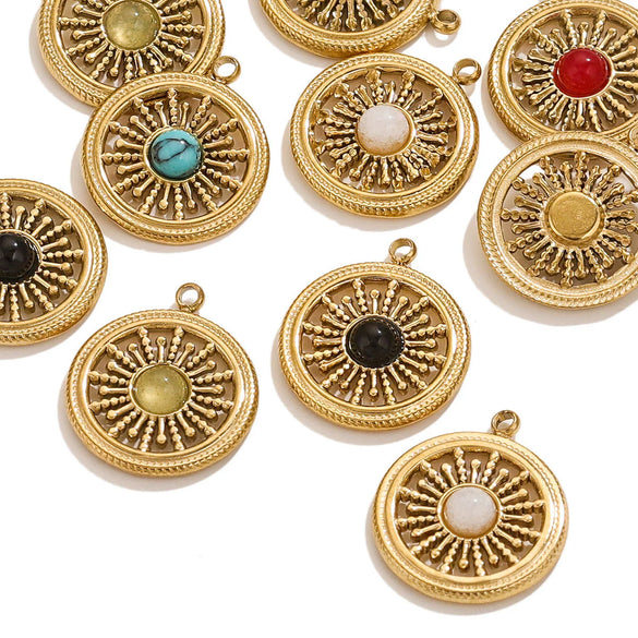 Vintage Simple Stainless Steel Turquoise Inlay Hollow Round Pendant Necklace Earrings