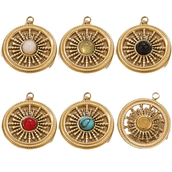 Vintage Simple Stainless Steel Turquoise Inlay Hollow Round Pendant Necklace Earrings