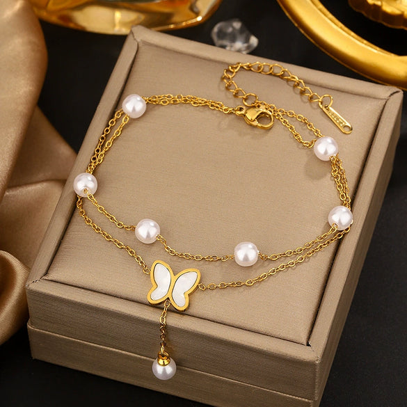 Vintage Small Fresh Style Stainless Steel Bracelet With Love Butterfly And Geometric Heart Shapes Electroplated