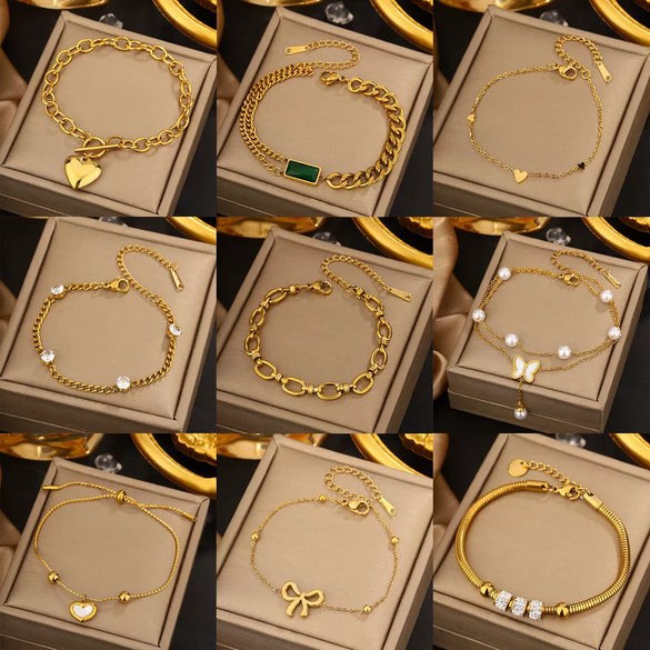 Vintage Small Fresh Style Stainless Steel Bracelet With Love Butterfly And Geometric Heart Shapes Electroplated