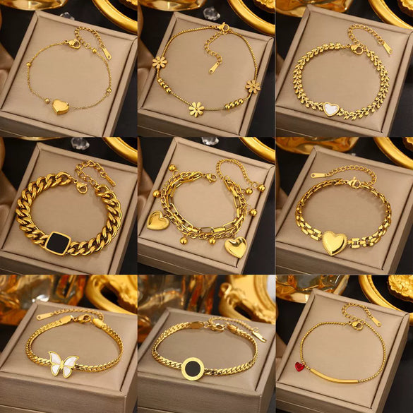 Vintage Small Fresh Style Stainless Steel Bracelet With Love Butterfly And Geometric Heart Shapes Electroplated