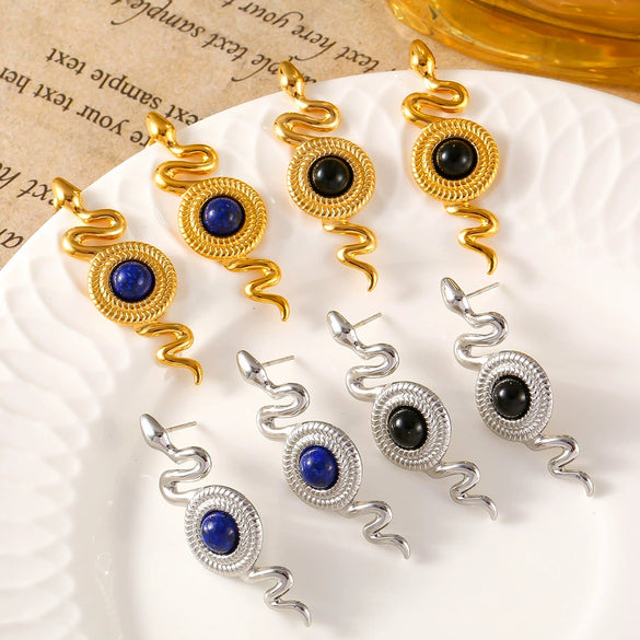 Vintage Snakeshaped Agate Earrings For Women Exotic Niche Design Titanium Steel With Goldplated Electroplating Animal Pattern