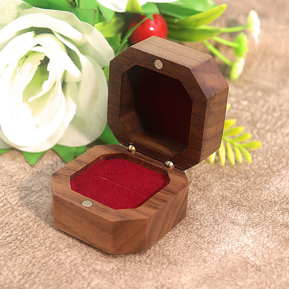 Vintage Solid Black Walnut Wood Jewelry Ring Box With Flannel Lining Square Carved Wooden Proposal Box For Women