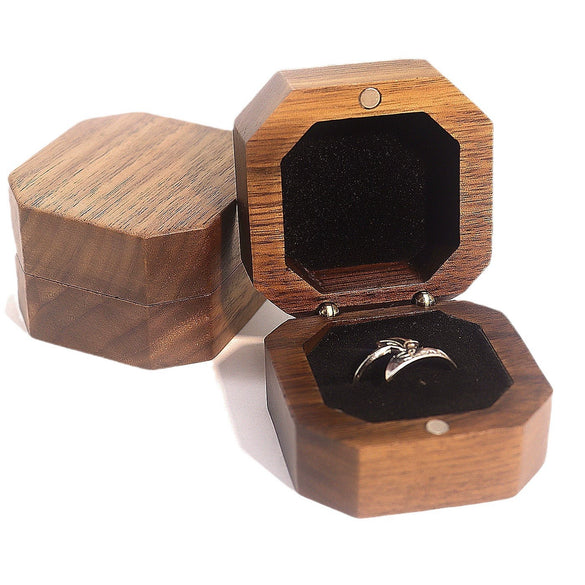 Vintage Solid Black Walnut Wood Jewelry Ring Box With Flannel Lining Square Carved Wooden Proposal Box For Women