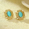 Vintage Square Pleated Pearl Oval Natural Stone Earrings For Women Stainless Steel 18K Electroplated