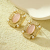 Vintage Square Pleated Pearl Oval Natural Stone Earrings For Women Stainless Steel 18K Electroplated