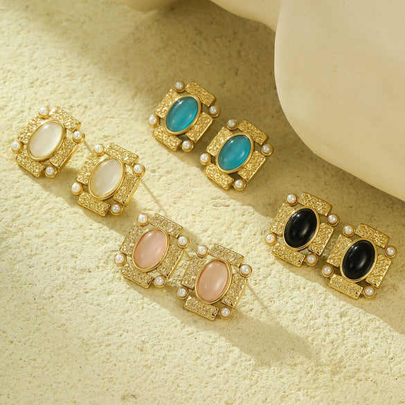 Vintage Square Pleated Pearl Oval Natural Stone Earrings For Women Stainless Steel 18K Electroplated