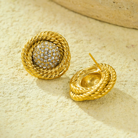 Vintage Stainless Steel Circle Earrings Wrapped With Zircon For Women Electroplated