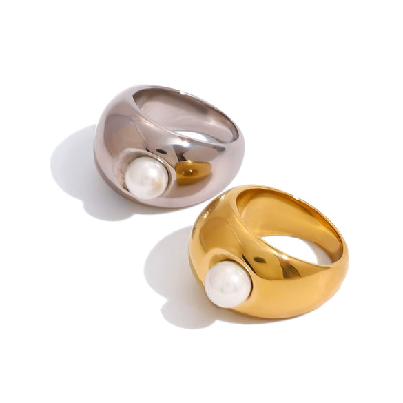 Vintage Stainless Steel Exaggerated Pearl Geometric Ring With Electroplating For Women