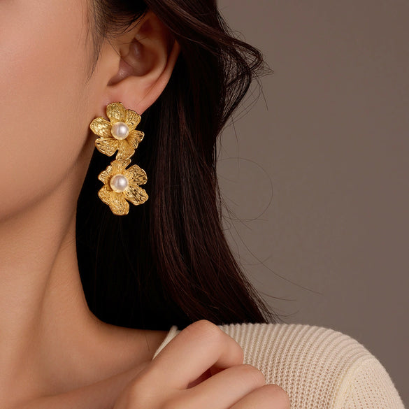 Vintage Stainless Steel 18K Electroplated Petals Tassels Textured Pearl Stud Earrings For Women