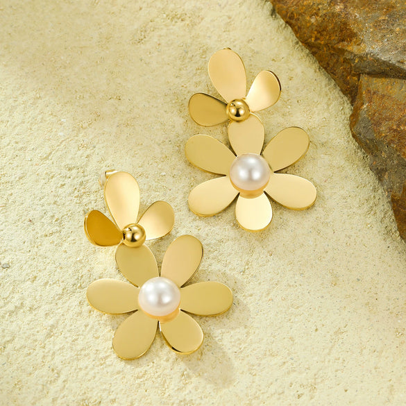 Vintage Stainless Steel Petal Tassel With Pearl Electroplated Women's Earrings