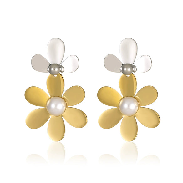 Vintage Stainless Steel Petal Tassel With Pearl Electroplated Women's Earrings