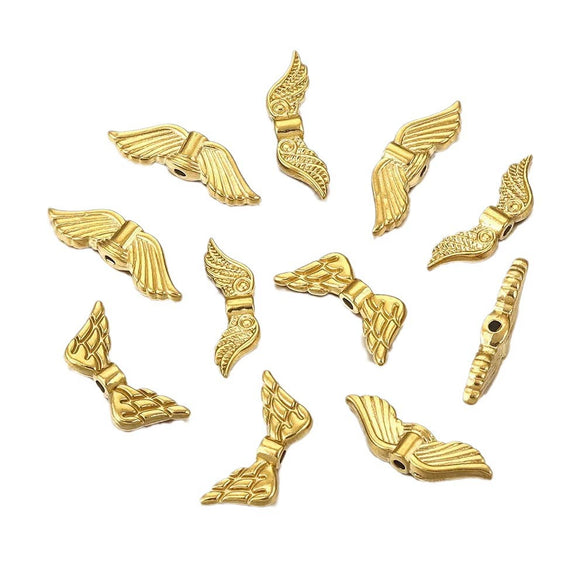 Vintage Stainless Steel Vacuum Gold Plated Wings Perforated Feather Pattern Round Bead Handmade Jewelry Accessories