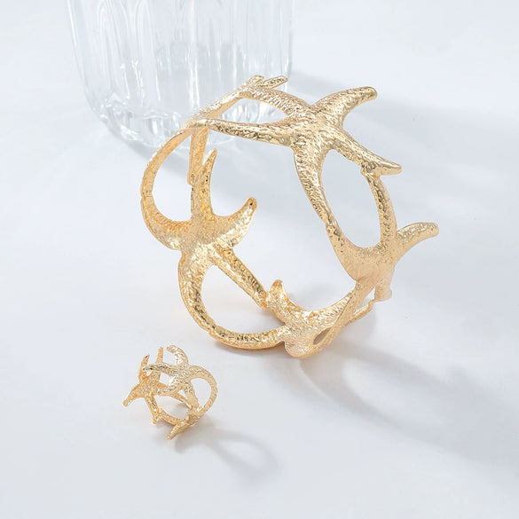 Vintage Starfish Stitching Zinc Alloy Gold And Silver Women's Niche Jewelry Bracelet Ring Suit With Electroplating