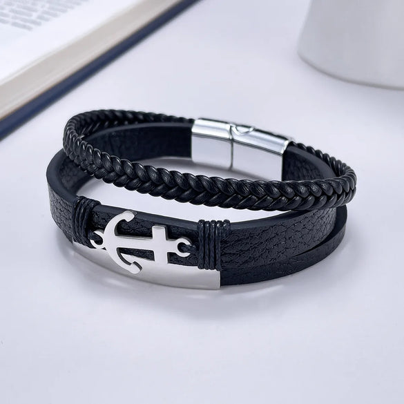 Vintage Style Anchor Pu Leather Alloy Men'S Bangle