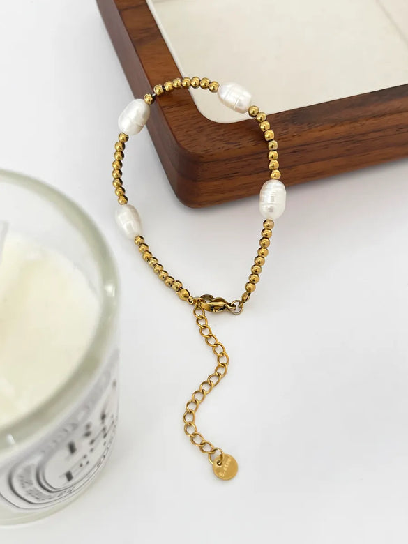 Vintage Style Baroque Style Geometric Round 316L Stainless Steel  Freshwater Pearl 18K Gold Plated Freshwater Pearl Bracelets In Bulk