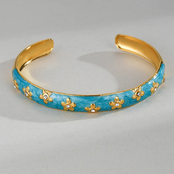 Vintage Style Classic Style Flower 304 Stainless Steel 18K Gold Plated Artificial Crystal Zircon Cuff Bracelets In Bulk