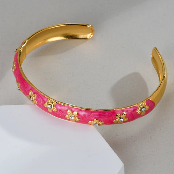 Vintage Style Classic Style Flower 304 Stainless Steel 18K Gold Plated Artificial Crystal Zircon Cuff Bracelets In Bulk