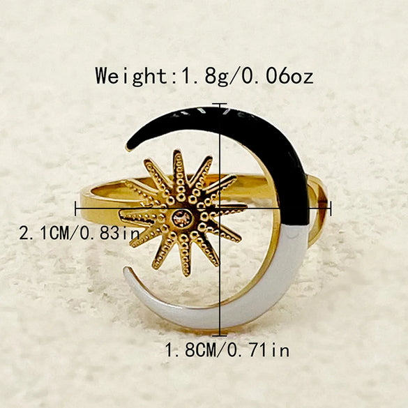 Vintage Style Commute Sector Moon 304 Stainless Steel 14K Gold Plated Natural Stone Zircon Rings In Bulk