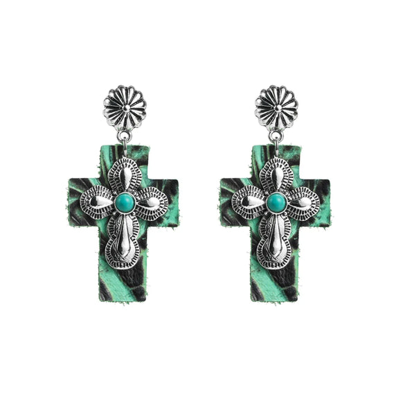 Vintage Style Ethnic Style Cross Pu Leather Alloy Plating Inlay Turquoise Silver Plated Women's Drop Earrings