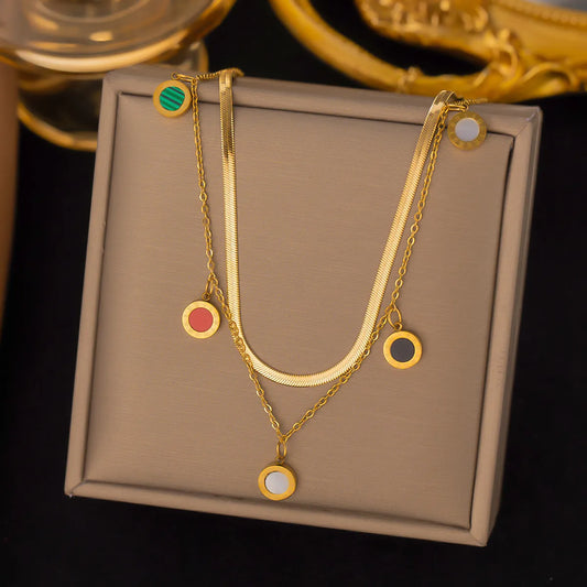 Vintage Style Four Leaf Clover Round Stainless Steel Plating 18k Gold Plated Layered Necklaces