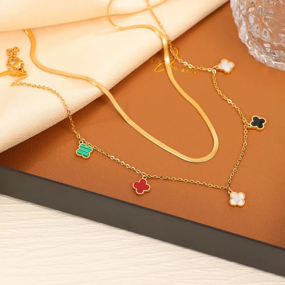 Vintage Style Four Leaf Clover Round Titanium Steel Plating 18k Gold Plated Layered Necklaces