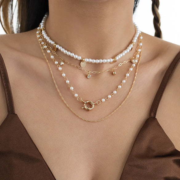 Vintage Style Geometric Round Letter Imitation Pearl Alloy Copper Plating Chain Women'S Double Layer Necklaces
