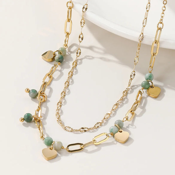 Vintage Style Heart Shape Arylic Titanium Steel Plating 14k Gold Plated Layered Necklaces