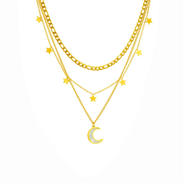 Vintage Style Moon Titanium Steel Plating 18k Gold Plated Layered Necklaces