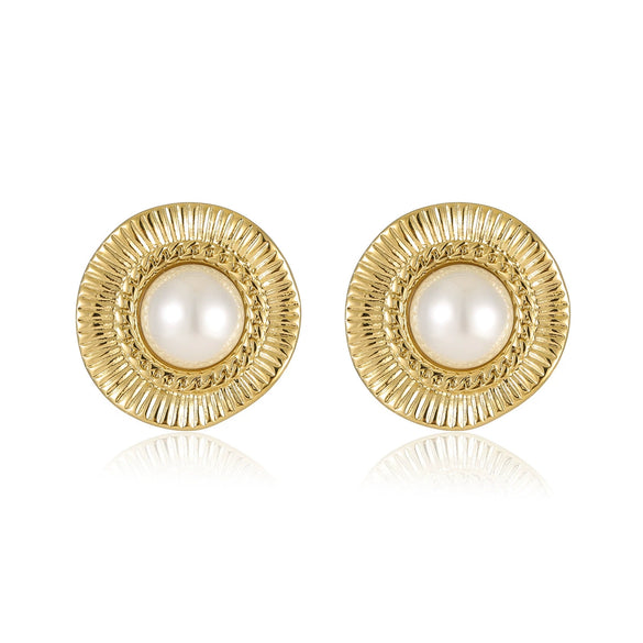 Vintage Style Round Pleated Pearl Women's Earrings Stainless Steel Electroplated