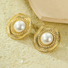 Vintage Style Round Pleated Pearl Women's Earrings Stainless Steel Electroplated